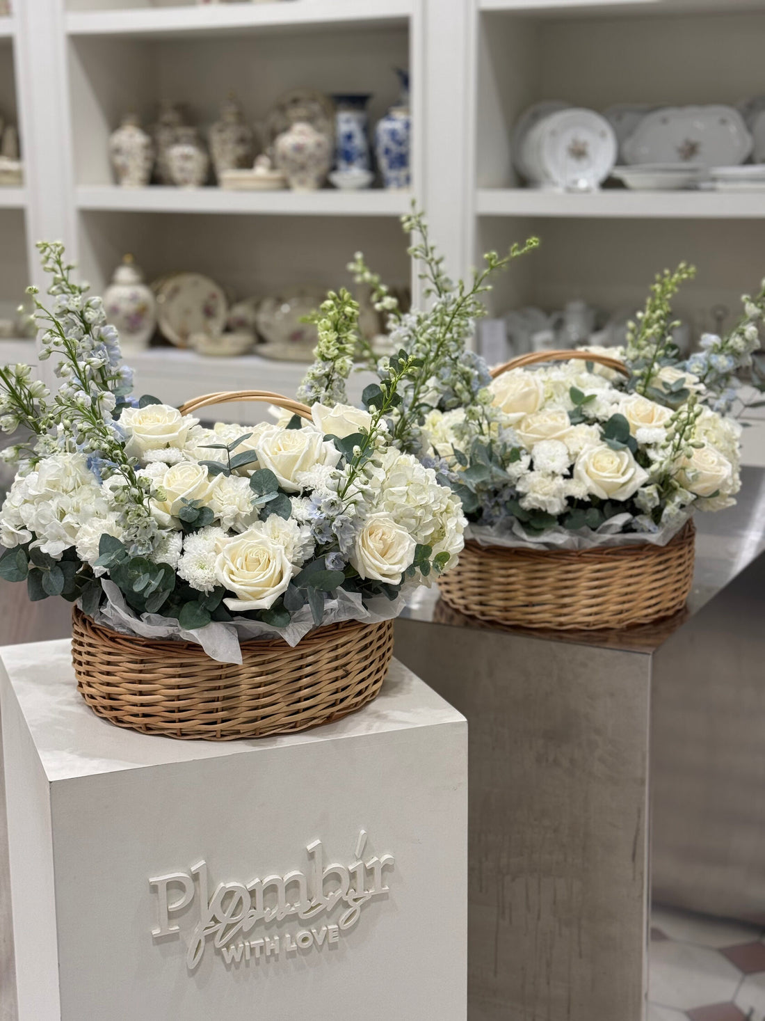 White Rose & Delphinium Garden Basket