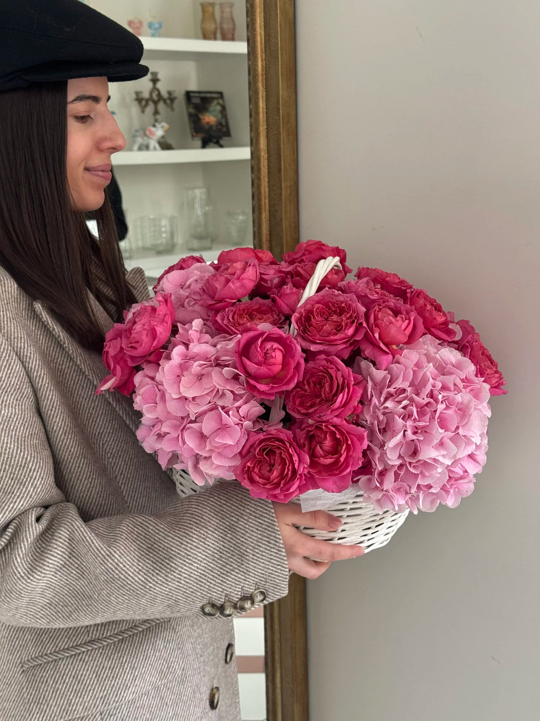 Pink Rose & White Hydrangea Basket